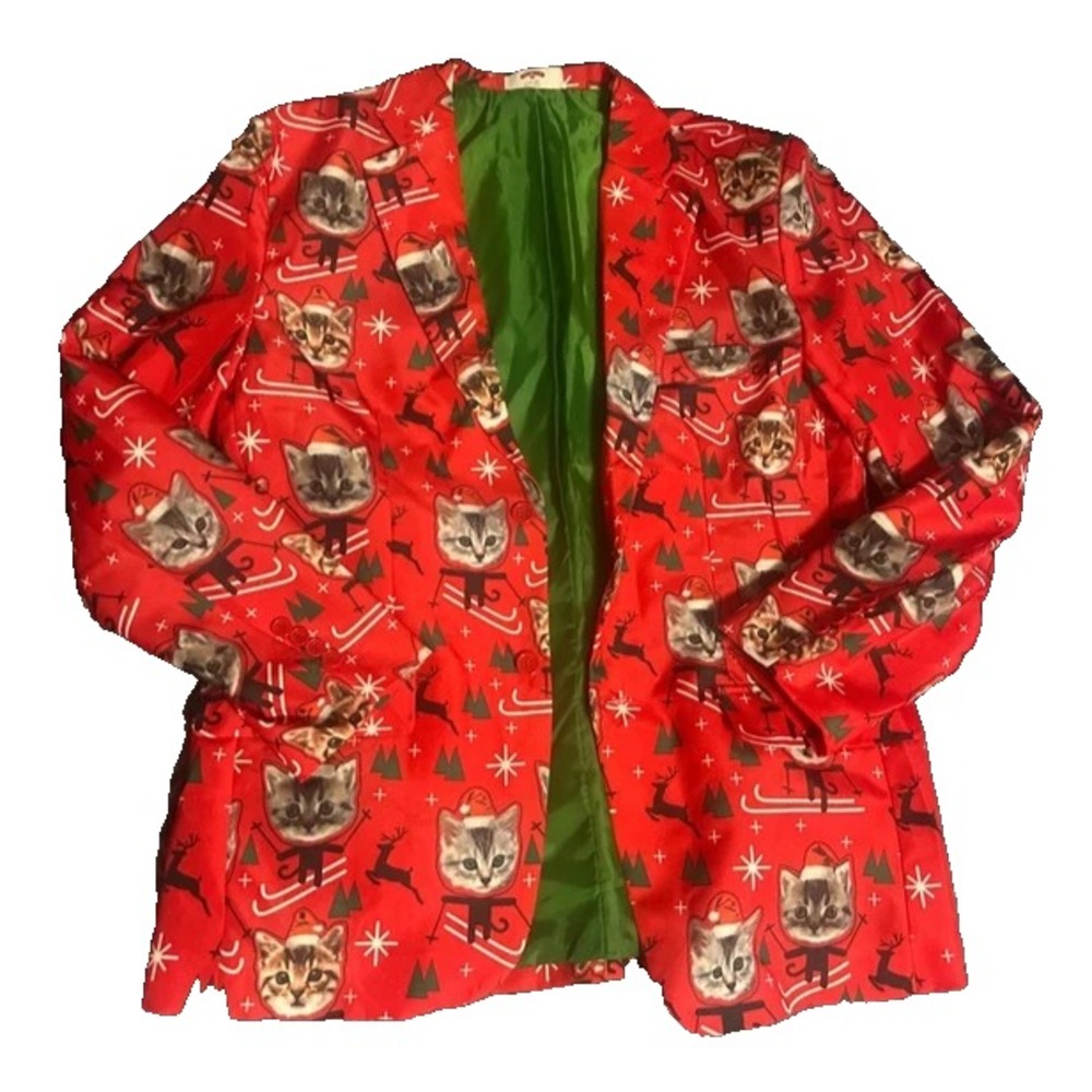 Ugly Christmas Blazer w/ Tie  Skiing Cats Reindeer Red Men's XL Holiday Time